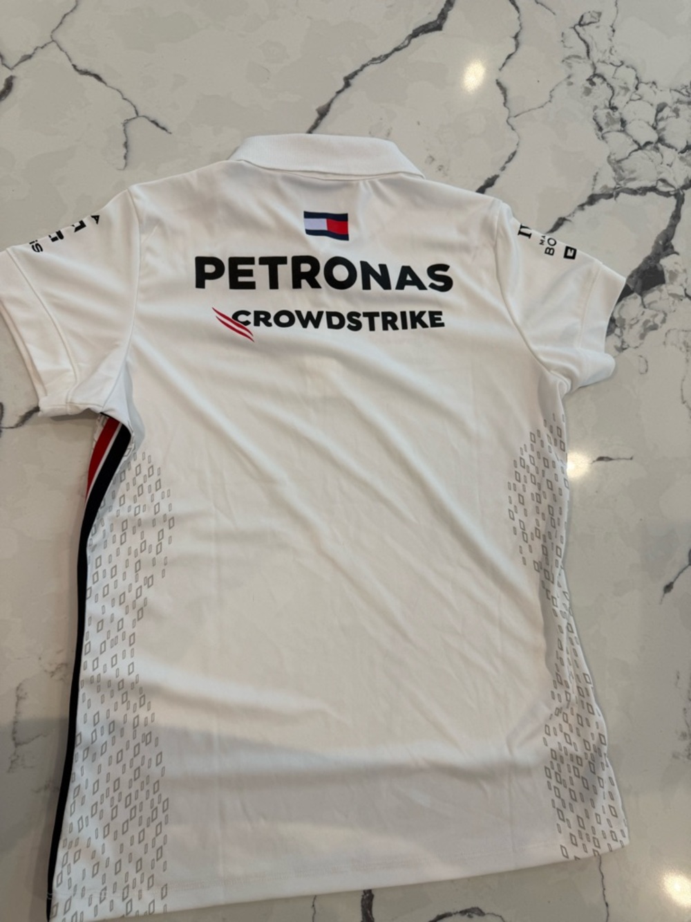 Mercedes AMG Petronas White Polo Jersey with Red and Navy Blue Stripes - Picture 6 of 6